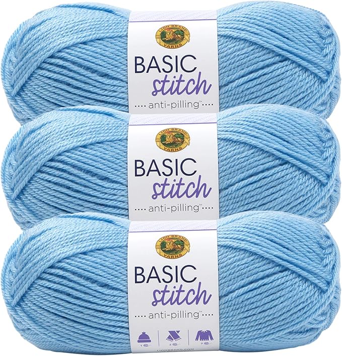 Lion Brand Yarn Basic Stitch Anti-Pilling Yarn for Crocheting, Knitting, and Crafts, Baby Blue, 3 Pack
