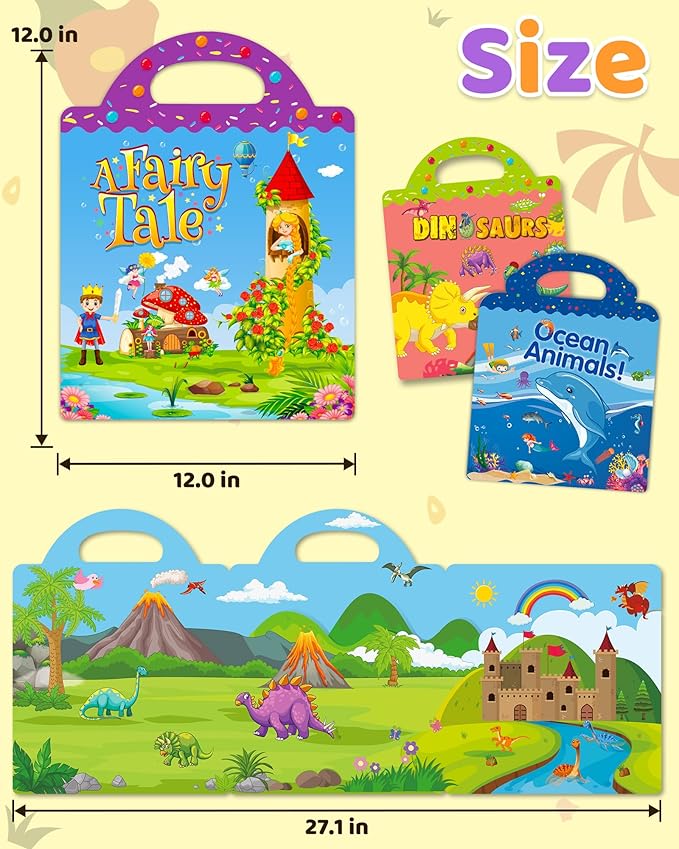benresive reusable sticker books for kids, sticker books for toddlers, toddler travel toys activities crafts ages 3 and up birthday gifts - ocean, fairy and dinosaur