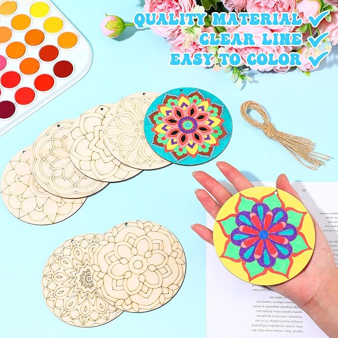 Blosssound 40 Pcs Unfinished Wood Mandala to Paint Wooden Mandala Painting Crafts Diwali Art Slices for Adult to Relax Painting DIY Crafts Ornament Wedding Home Decorations, 4 Inch(Classic)