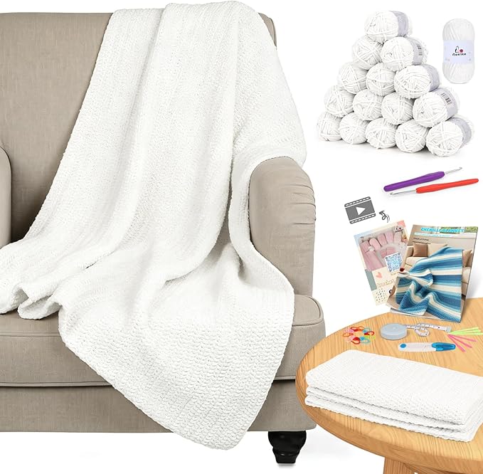 Aeelike Blanket Crochet Kit for Beginners, Easy Crochet Blanket Kit with Soft Chenille Yarns Detailed Instruction Crocheting Accessories Complete Beginners Crocheting Kits, Pure White
