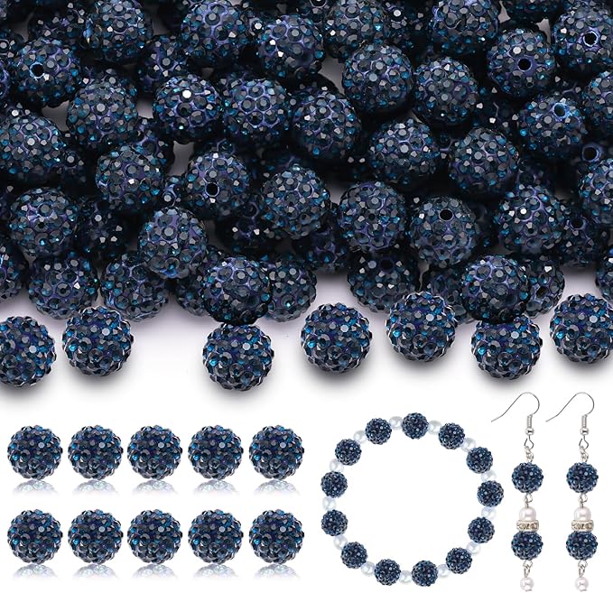 200pcs 10mm rhinestone beads for jewelry making, blue black shiny round disco ball beads bulk, sparkle crystal clay christmas for bracelet baseball necklace earring crafting and diy