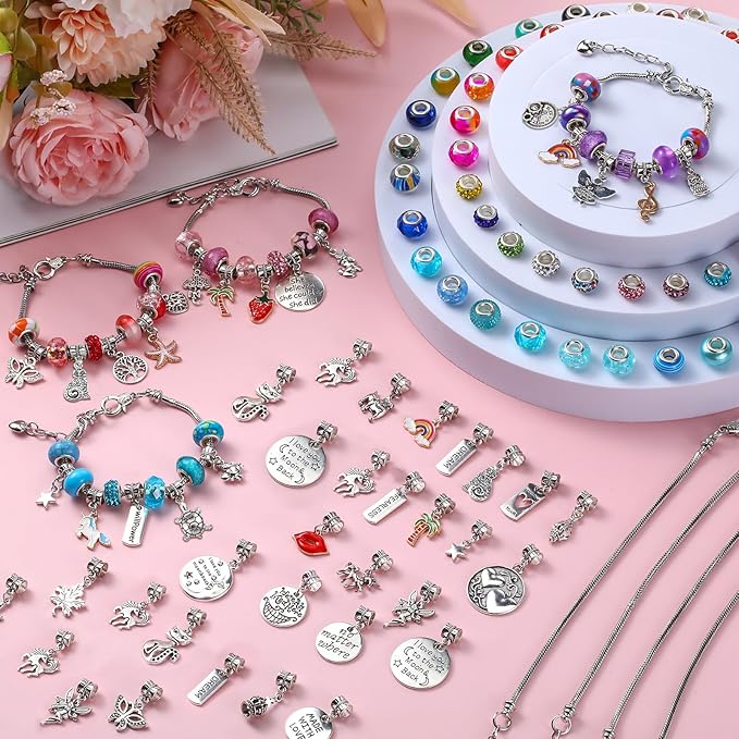 Ferreve 231 Pcs Charm Bracelet Making Kit Snake Chain European Large Hole Beads Dangle Charm with Plastic Storage Box DIY Jewelry Making Craft Gifts for Women(7.5 Inch)