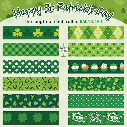Whaline 12 Rolls St. Patrick's Day Washi Tape Green Shamrock Washi Masking Tapes 15mm Clover Plaids Lucky Holiday Paper Tape Sticker for Irish Party Scrapbook Gift Packing DIY Craft Decor, 16.4Ft