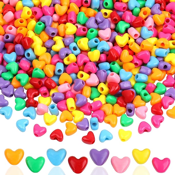 gmma 1000pcs heart pony beads, heart shape spacer beads, rainbow beads bulk, large hole for party decorate, jewelry making, necklace, friendship bracelets, hair beads for valentine's party