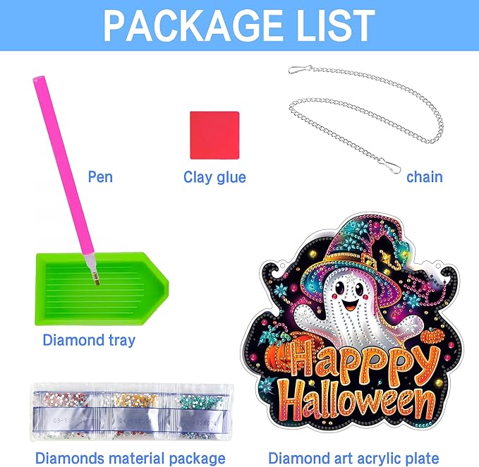 VAIIEYO Halloween Diamond Art Hanging Ornament, Ghost Diamond Painting Suncatchers Window Hanging Kit with Chain, 7.5x7.5 inch Crystal Pendant Art Craft for Gift Home Wall Front Door Decoration