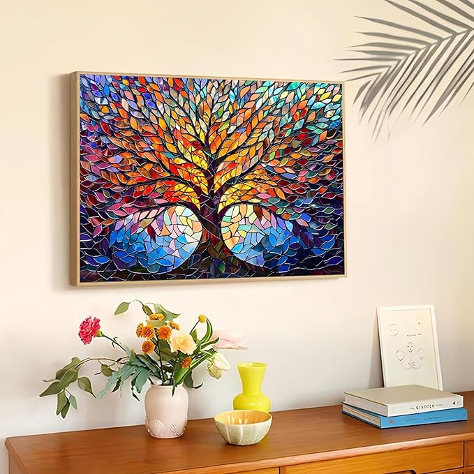 Reivworl Tree Diamond Art Kits for Adults, Glass Style Diamond Painting Kits, Gem Art Kit for Gifts and Home Interior Decor 12x16 Inch