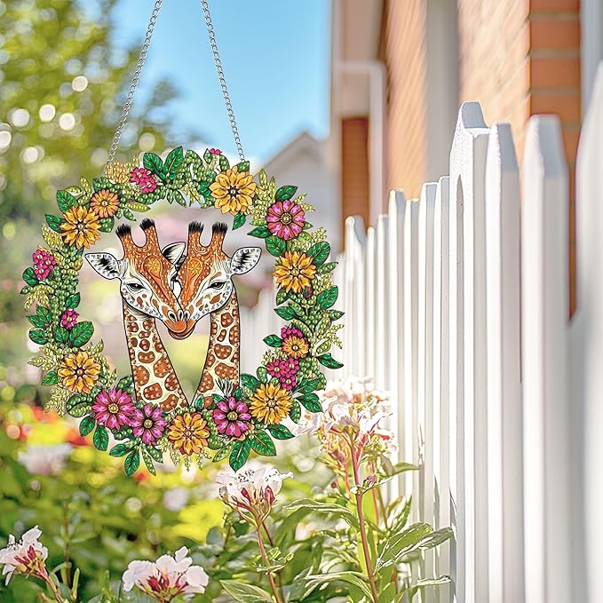 Wergund 5D DIY Giraffe Diamond Art Hanging Kits, Hanging Diamond Art Animal, Acrylic Special Shaped Rhinestone, Window Hanging Pendants for Home Wall Garden Front Door Outdoor Decor Gift(Giraffe)
