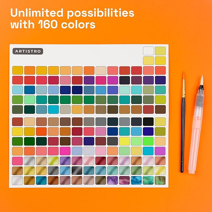 ARTISTRO Watercolor Paint Set 160 Colors - Vivid, Metallic & Neon, Portable Travel Set for Kids & Adults