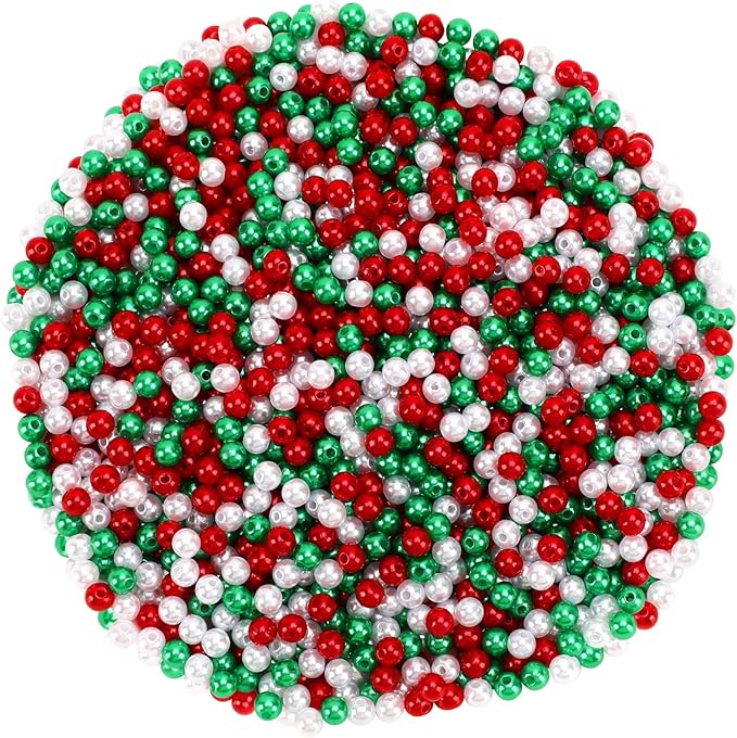 UPINS 1200Pcs Christmas Pearl Beads, Red Green White Round 8 mm Pearl Beads for Jewelry Making Xmas Holiday Party Decoration Necklace Bracelets Earrings Hair Beads DIY Ornament Kit