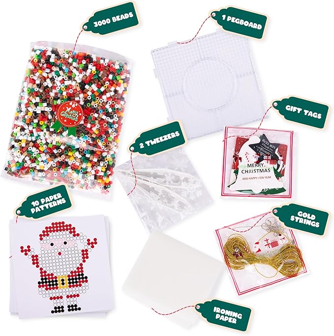 ArtCreativity Christmas Fuse Beads Kit – Fun Christmas Craft for Kids with 3000 Melty Beads, 10 Fuse Bead Patterns, Pegboard, Tweezers, Ironing Paper, Gift Tags & Gold Strings Holiday Set (Pack of 2)