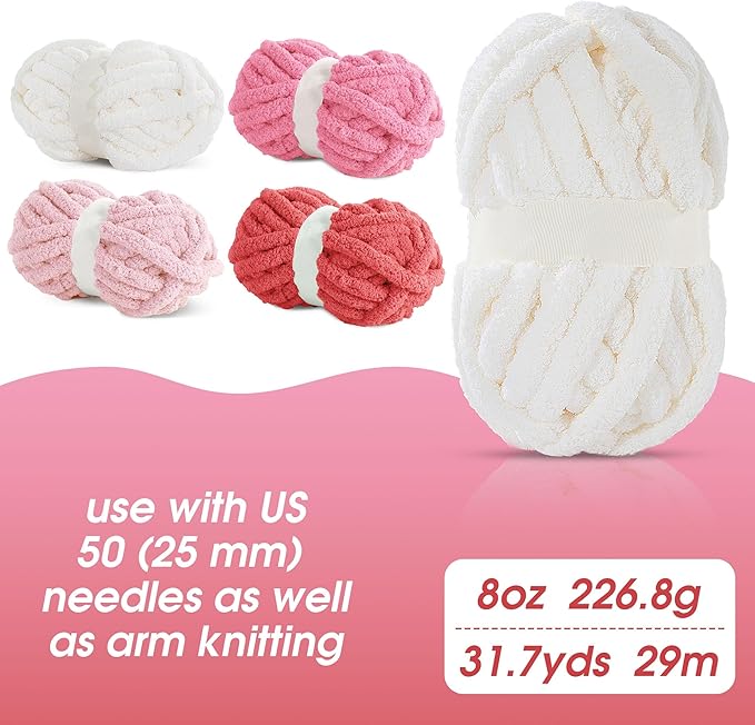 MABOZOO Assorted Chunky Yarn for Crocheting, Fluffy Chenille, Soft Plush, Giant Thick Yarn - Red Multi (31.7 yds, 8 oz Each Skein)