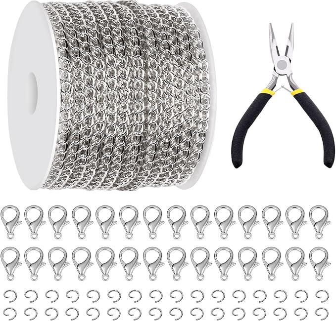 Glarks 102Pcs 30 Feet Jewelry Chains Set White Cable Link Chains Link Rolls Bulk Twisted Links Chain Necklace Jewelry Making Chains with Lobster Clasps and Jump Rings for Necklace Jewelry Making
