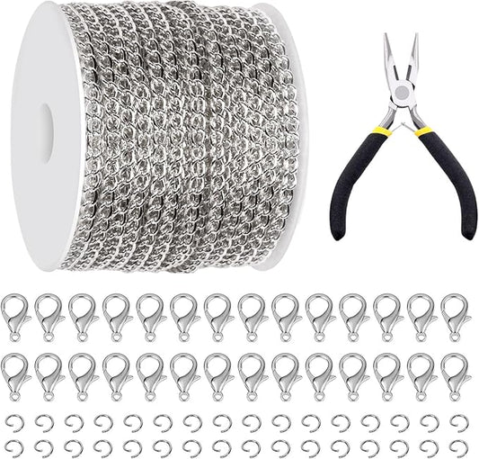 Glarks 102Pcs 30 Feet Jewelry Chains Set White Cable Link Chains Link Rolls Bulk Twisted Links Chain Necklace Jewelry Making Chains with Lobster Clasps and Jump Rings for Necklace Jewelry Making