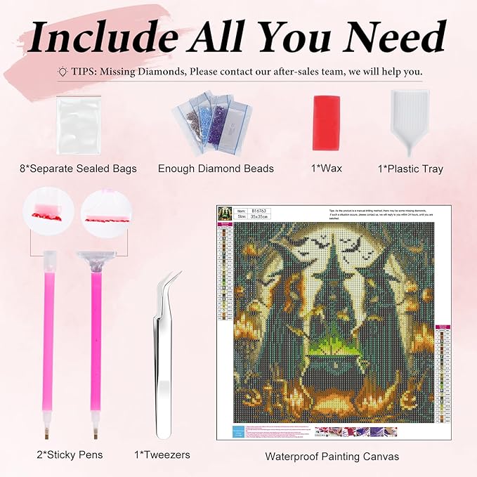 Yezavesu Halloween Diamond Art Kits for Adults, Halloween Witch Diamond Painting Kit for Beginners, 5D DIY Round Full Drill Painting with Gem Art Craft Kits for Home Wall Decor 14x14 Inch