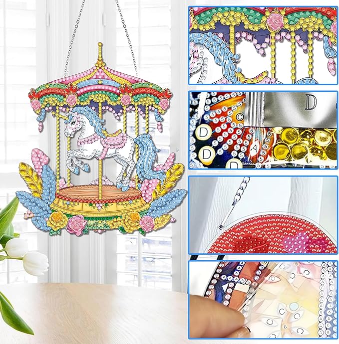 Reofrey Hanging Diamond Art Kits for Adults - 8x8 Inch Carousel Acrylic Board Double Sided Pattern Diamond Painting Suncatcher Pendant, DIY Crystal Art for Home Wall or Window Decoration Handmade Gift