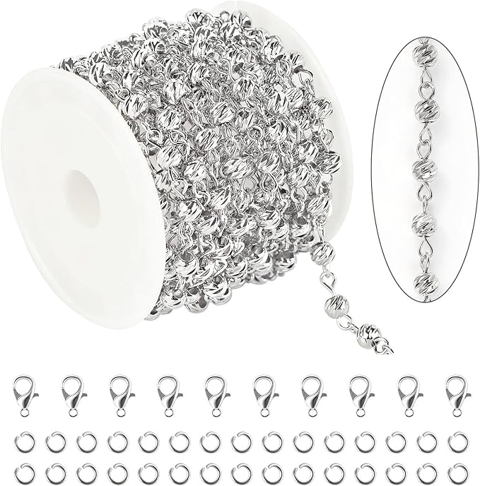 KYUNHOO 3.3 Yard Silver Ball Bead Chain for Jewelry Making Solid Copper Chain Roll with Lobster Claps and Jump Rings Rosary Chain for Women Bracelet Necklace DIY Jewelry Supplies
