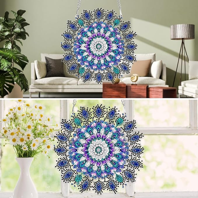 MXJSUA Special Shaped Hanging Diamond Painting Art Kits for Adults, Mandala Flower 3D Crystal Rhinestone Acrylic Gem Art Pendant Ornaments Kit for Home Decoration and Gift
