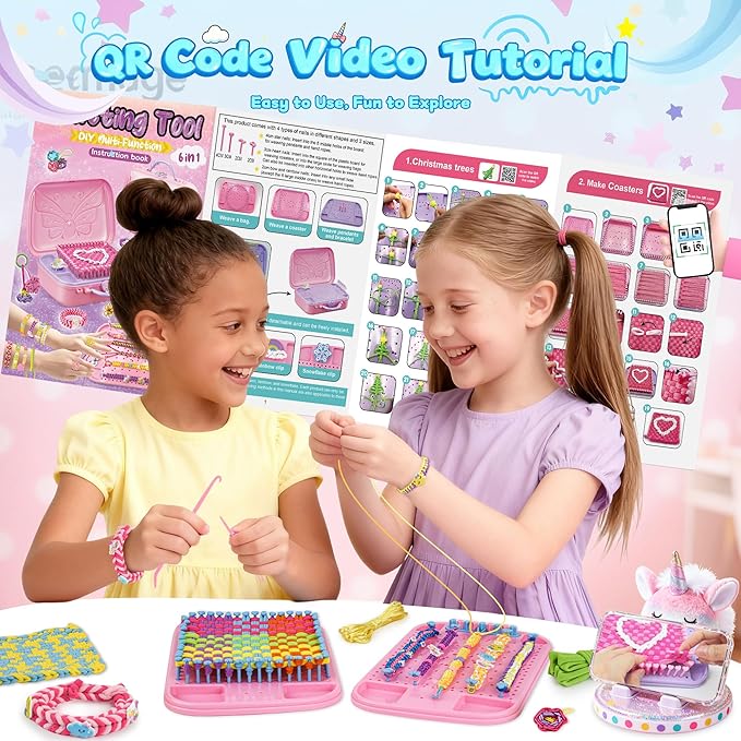 6-in-1 friendship bracelet making kit,weaving loom kit toys, 500+ pcs craft kits for kids,a multi-functional weaving loom that can be used to make bracelet, potholder, pendants, bags, hats and scarves