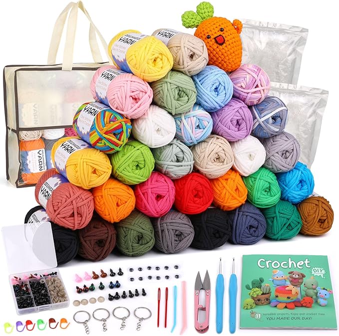 32 Pack Yarn for Beginner Crocheting, Beginner Yarn, Easy Yarns for Beginners, Beginner Crochet Yarns with Easy-to-See Stitches Cotton Yarn for Crocheting Beginners Crochet Kit
