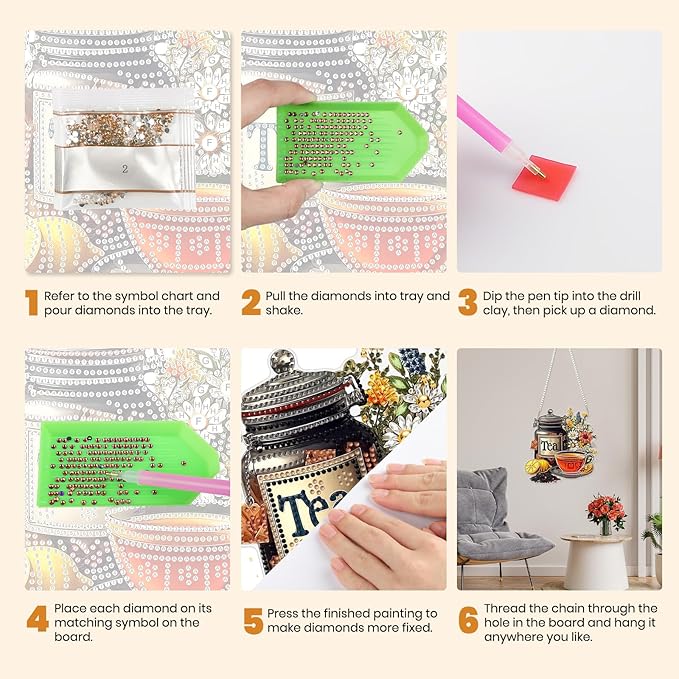MXJSUA Tea Diamond Art Hanging Kits for Adults Beginners, Crystal Diamond Suncatchers, Special Shape Diamond Painting Pendant Window Ornament Gifts for Home Garden Door Wall Decor
