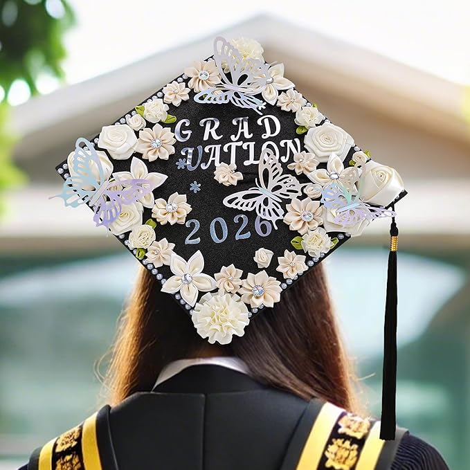 VISSTREE Graduation Cap Decorations Flowers, 56 Pcs Handmade Cap Toppers for Graduation with White Artificial Flower 3D Butterfly Number Letter Stickers Kit for DIY 2026 Grad Graduate Gift