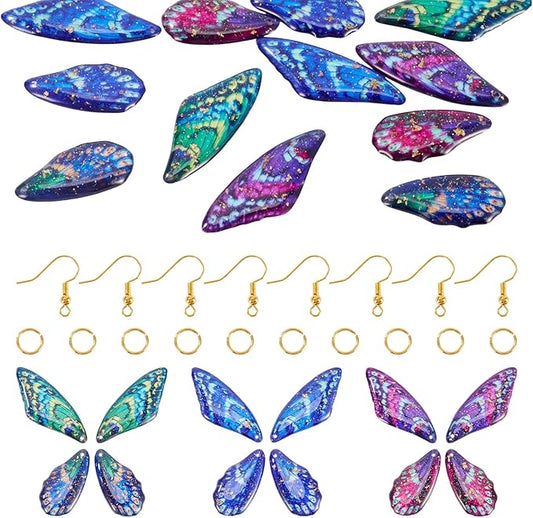 FASHEWELRY 12Pcs Resin Fairy Wing Earring Charms Purple Turquoise Blue Butterfly Wing Pendants Insect Print Feather Charms with Jump Rings Earrings Hooks for DIY Earring Jewelry Making