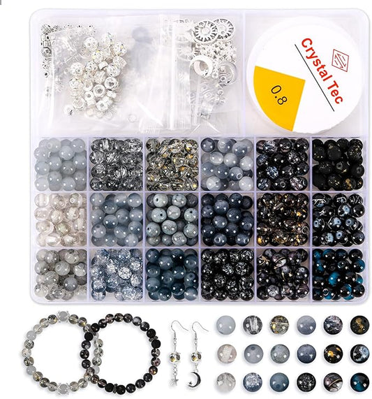 Tunmiok Glass Beads for Jewelry Making Kit with Metal Charms & Crystal String - Includes Spacers, Flower Holders - Bracelet kit, Necklace, Earring Set Supplies for Adults (Black)