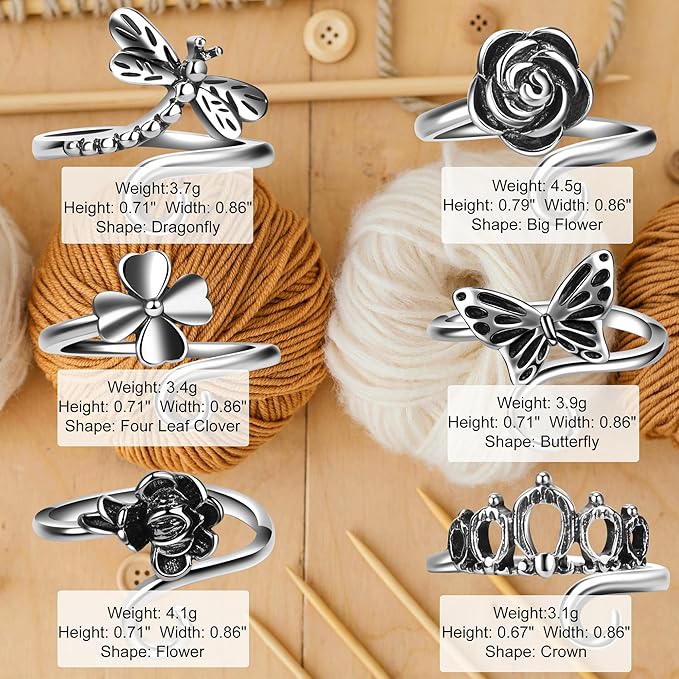 6 PCS Crochet Tension Ring Cat Crown Butterfly Elephant Sunflower Adjustable Yarn Rings Tools Crochet Accessories Gifts for Crochet Lovers