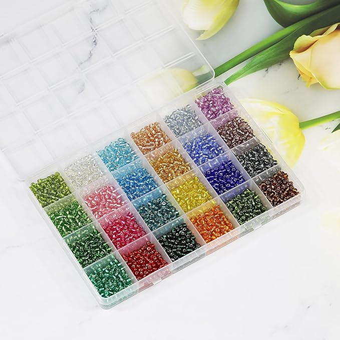 Bala&Fillic Size 4mm Seed Beads About 3000pcs in Box, 6/0 Glass Silver Lined Seed Beads for Making Bracelet Necklace Earring Jewelry (About 130pcs/Color, 24 Colors)