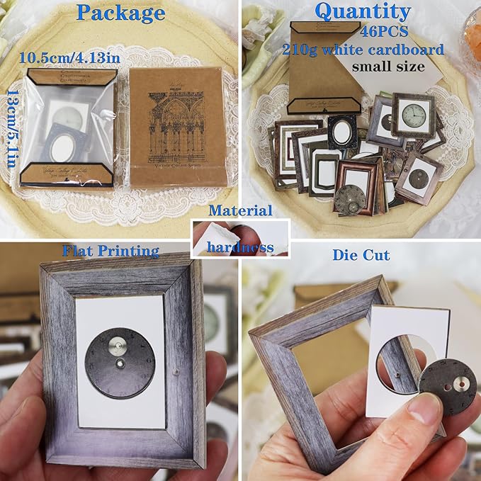 CATaireen Vintage Junk Journal Items Kit Pre Cut Paper Cards Cutout Cardstock Art Aesthetic Decor Hollow Out Craft Elements Small Embellishments Supplies for Adults Scrapbook Pack (Photo Frame Dark)