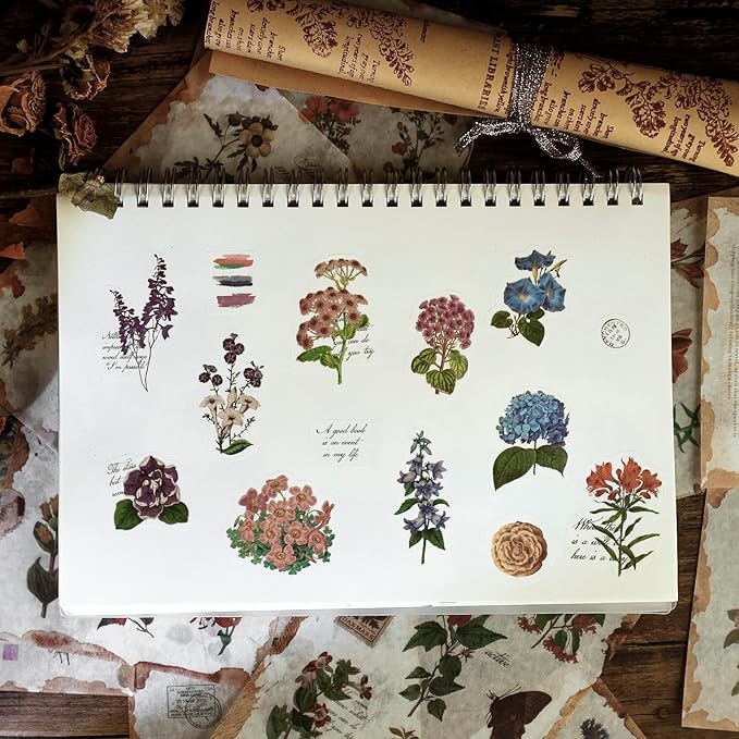 Dizdkizd Flower Sticker Book for Journaling, 20 Sheets (150 Pieces) Translucent Washi Stickers for Scrapbooking, Junk Journals, Planners