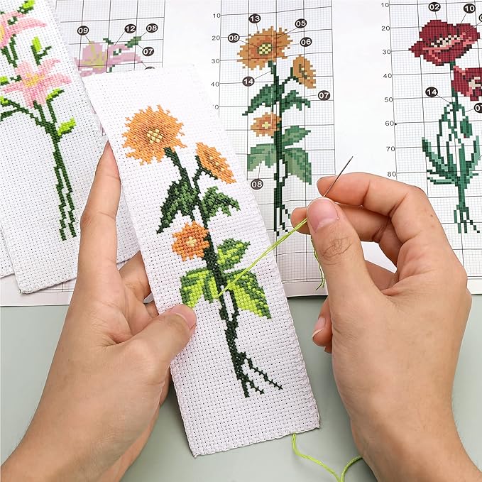 Caydo 3 Pieces Cross Stitch Bookmark Kits, DIY Stamped Embroidery Bookmark Kit for Beginner Flower Patterns 14 Count Crossstitch Projects for Book Lovers