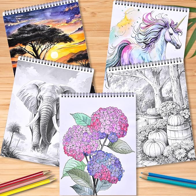 Cosomia Adult Coloring Books Set, 3 Fun Coloring Books for Adult Relaxation, 60 Pages of Flowers Nature Landscapes Animals, Brain Game for Adults