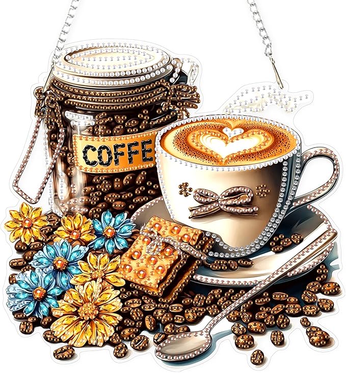 Lxmsja DIY Coffee Beans Diamond Painting Hanging Ornament, Double-Sided Acrylic Flowers Diamond Art Kit, Special Shaped Drill Pendant Window Art Kit, Suncatcher Hanging Craft Decoration 8x8 inch