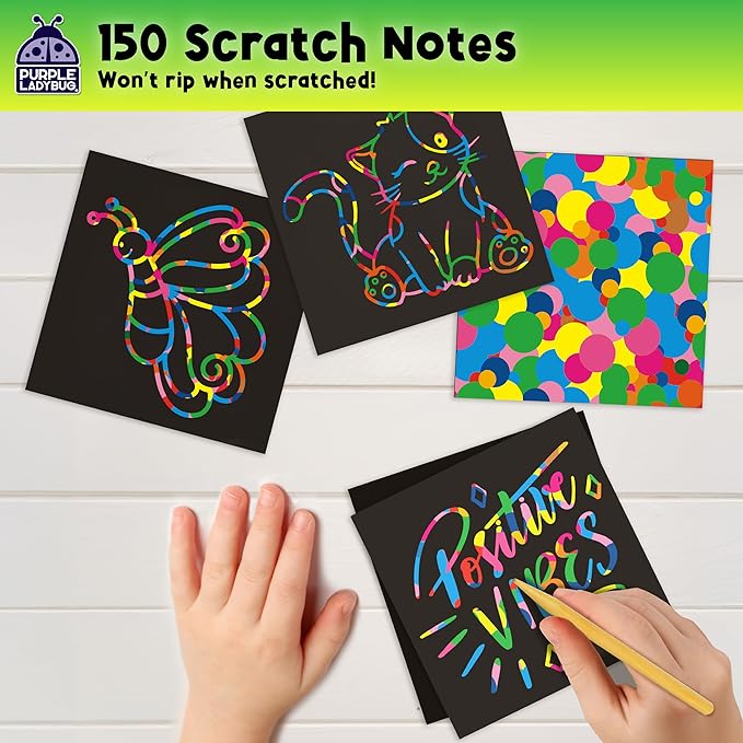 PURPLE LADYBUG Scratch Art for Kids - 150 Rainbow Scratch Art Mini Notes Arts and Craft Supplies, Crafts for Kids Ages 4-12, Mothers Day Note Cards, Kid Summer Activities for Camping & Summer Crafts