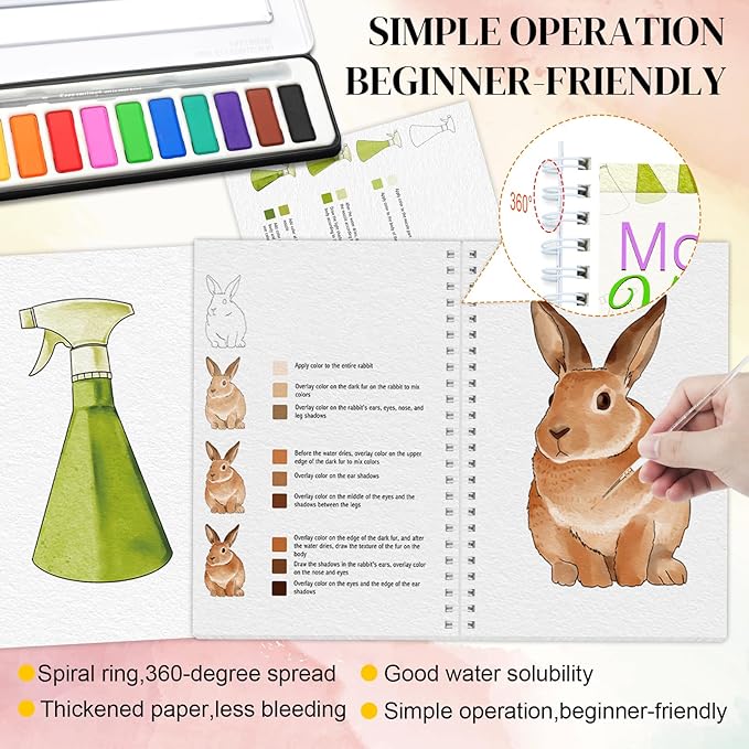 APOLYONE 2-Pack Beginner Watercolor Workbooks: 24 Coloring Pages + 12 Watercolor Paints + Brush – 300gsm/140lb Paper – Gift for Women, Adults & Beginners (Garden & Animals)