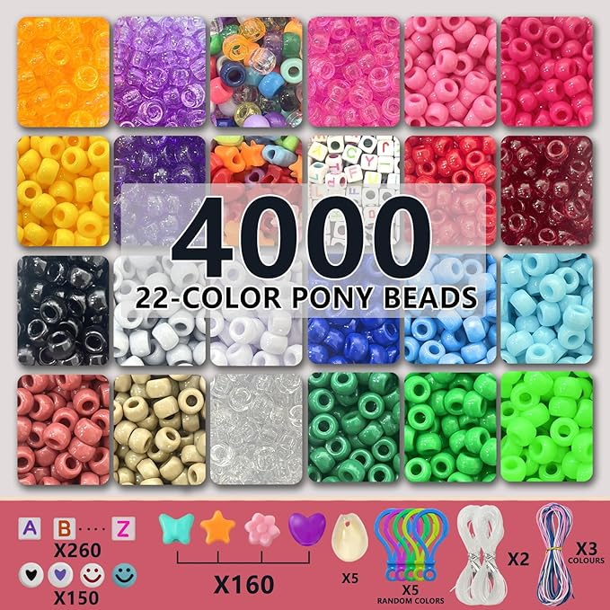4600+pcs Pony Beads Kit, Kandi Hair Rainbow Beads Plastic Bead for Craft 6 x 9mm 23 Colors Large Hole Bead Set for Bracelets Jewelry Making (23Color(4600+Pcs))