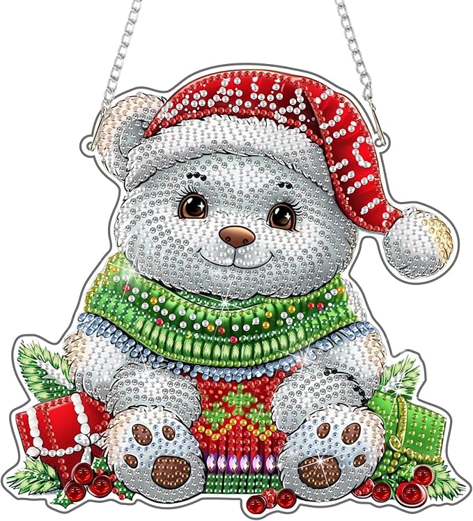 DOMROM Bear Diamond Art Hanging Kits for Adults Beginners, Christmas Special Shaped Crystal Diamond Painting Bear Pendant, DIY Diamond Art Suncatchers Animal for Home Garden Wall Decor Gift