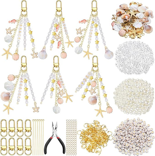 Cunno 776 Pcs Seashell Keychain Making Kit Ocean DIY Craft Key Chain Starfish Pearl Seahorse Letter Name Beads with Keychain Clip and Tool Accessories for Backpacks Purse Tote Bag Crafts DIY Supplies