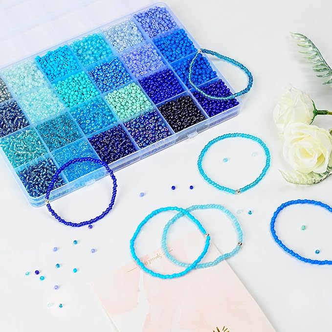 Vtssvow 3mm Glass Seed Beads for Bracelets Making, 24 Colors 10000pcs Friendship Bracelet Making Kit, Small Glass Beads for Jewelry Making (Mix 24 Color, Blue)