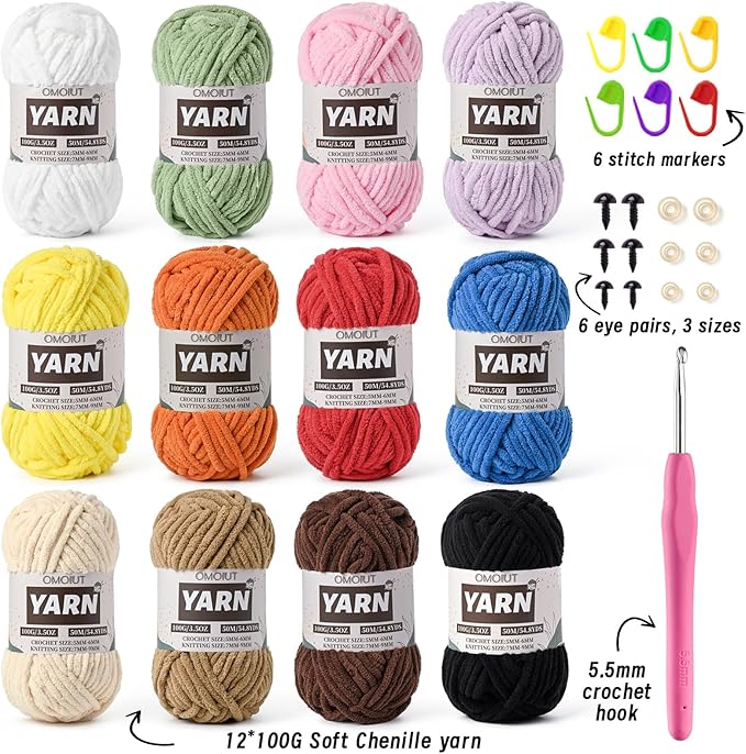 12 Pack Bulky Velvet Chenille Yarn, Baby Yarn for Crocheting Soft Blanket, 1200g(656yd) Chunky Crochet Yarn, Thick Multicolor Yarn for Crocheting Amigurumi, Crafts, Home Decor A