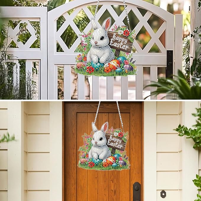 MXJSUA Diamond Art Hanging Kits for Adults Beginners, DIY Acrylic 5D Special Shaped Crystal Diamond Gem Art Painting Hanging Ornament for Home Wall Decor and Gift (White Easter Bunny)