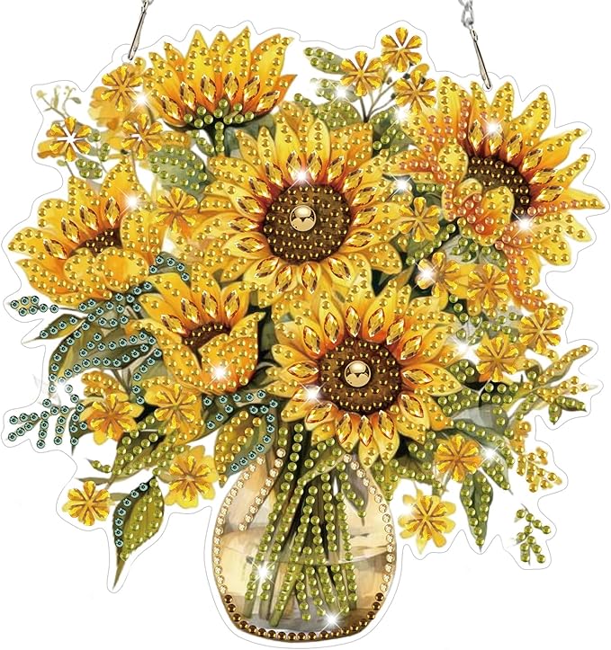 Bowetile Spring Diamond Art Hanging Kits for Adults, Diamond Art Suncatchers Sunflowers, 5D Special Shape Diamond Painting Pendant Window Ornament Gifts for Home Wall Garden Door Decor
