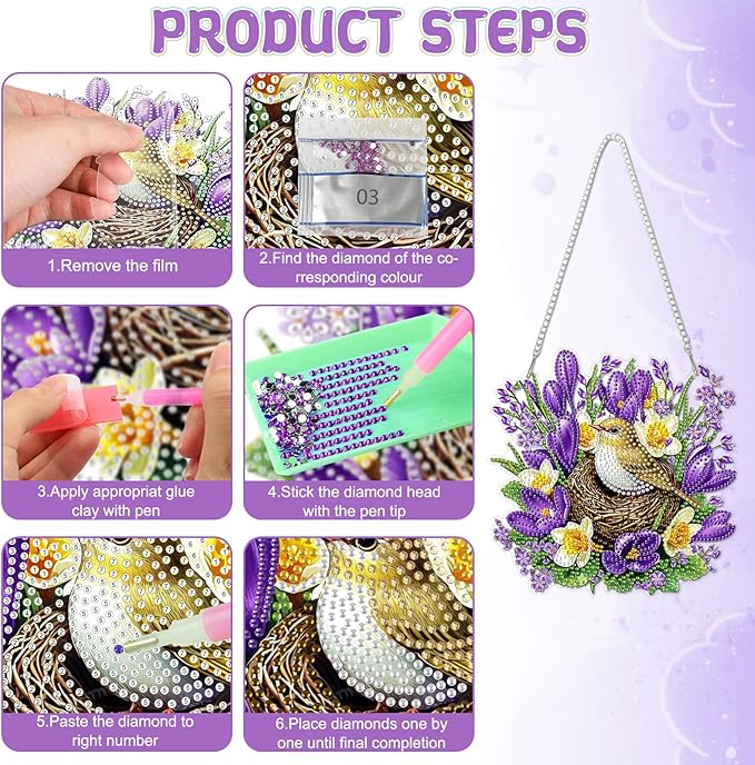 RICUVED Hanging Diamond Art Painting Kit, Special Shaped Crystal Craft Bird's Nest Diamond Painting Pendant Kit for Adults, DIY Flowers Hanging Acrylic Diamond Art Ornament Kit for Home Garden Decor