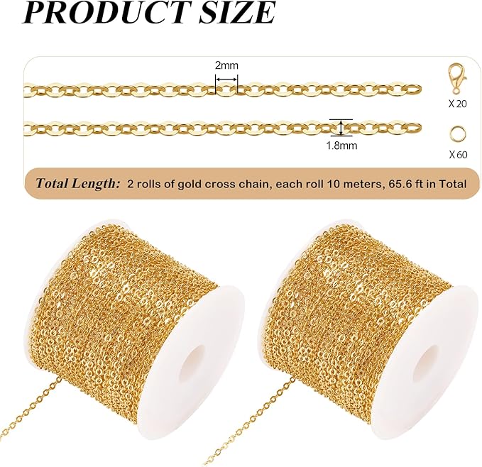 Crisjanggo 2 Rolls Total 65.6 Feet Stainless Steel Chains Gold Plated Cross Jewelry Chain Roll for DIY Jewelry Bracelet Necklace Making with Lobster Clasps Jump Rings