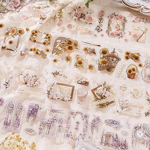 4 Rolls Pre-Cut pet Flower Tape Stickers Flower Vintage Stickers Decorative Tape Aesthetic Stickers for Journaling, Scrapbook Supplies