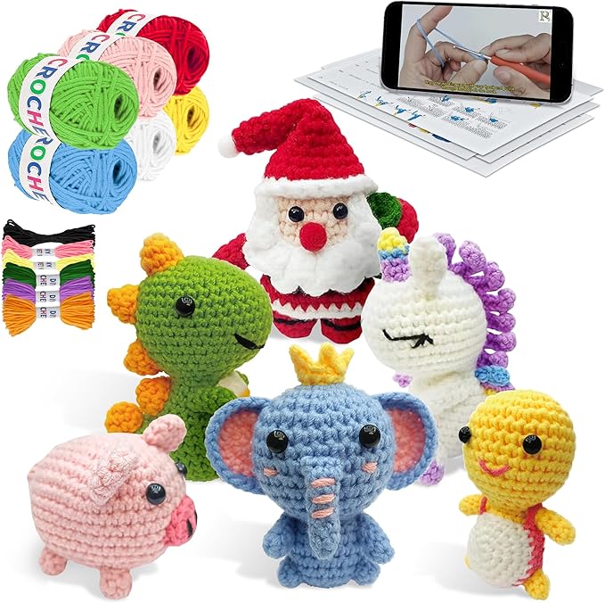 Flashbee Crochet Kit for Beginners Kids: 6pcs Cute Animal Crochet Set, Christmas Gifts for 8-12 Years Old Girls, Easy to Learn Knitting Kit with Step-by-Step Video Tutorials & Clear Instructions
