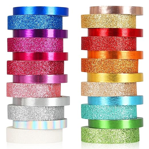 AEBORN Metallic Glitter Washi Tape - 24 Rolls Thin Colored Masking Tape Set, 6mm/10mm Decorative Tapes for Bullet Journal, Scrapbook, Christmas DIY Crafts, Gift Packaging