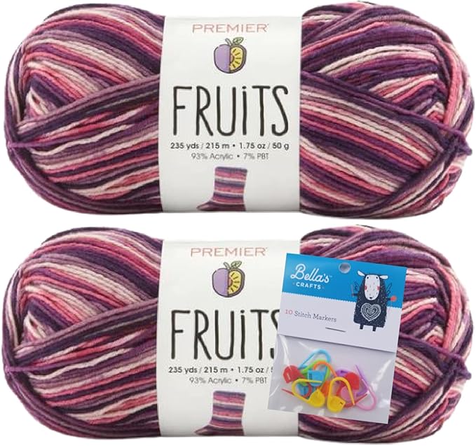 Premier Yarns Fruits, Acrylic Sock Yarn, 2-Pack Bundled with Bella's Crafts Stitch Markers (Plum)