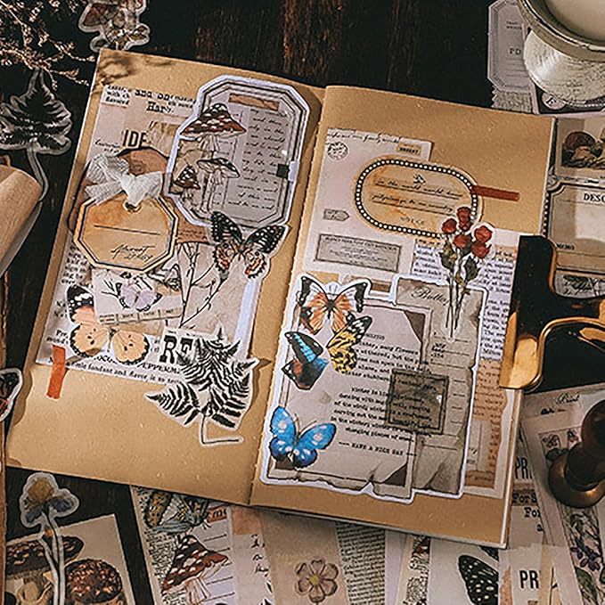 Gorofit Retro Scrapbook Supplies Kit, 200 Sheets of Mixed Natural Color Paper and Sticker Pack, Used for Diaries, Scrapbooks, Crafts, Collages, Murals, Bullet Diaries (Plants and Butterflies)